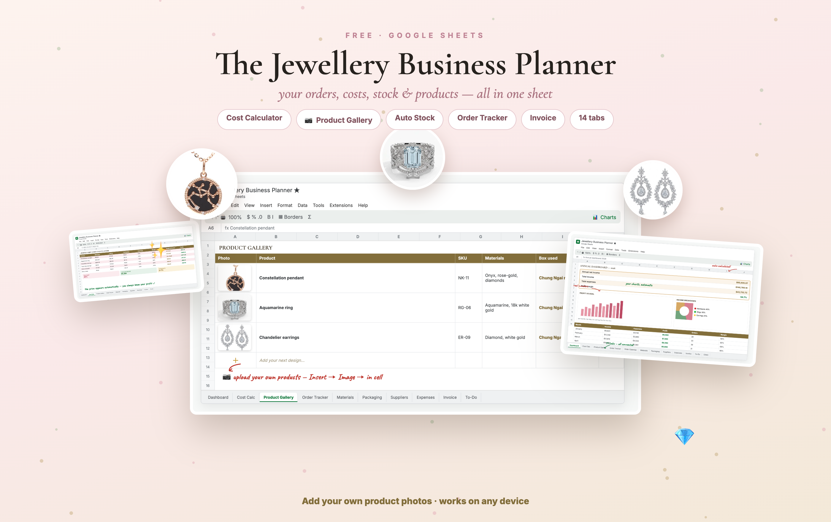 The Jewellery Business Planner — Google Sheets: dashboard, cost calculator, product photos and more