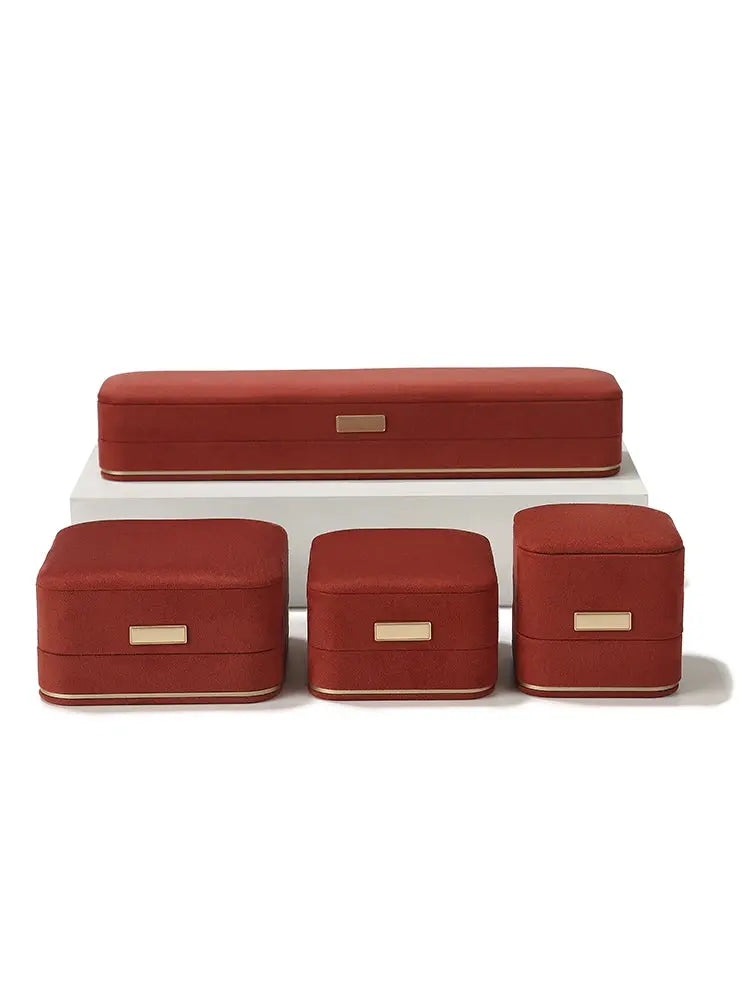 Carmine suede long chain box with ring and pendant boxes